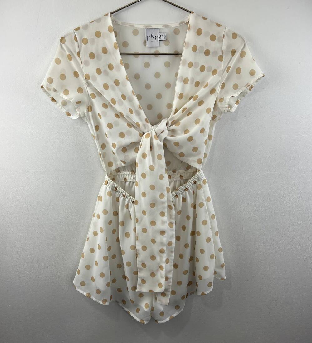 Princess Polly White Gold Polka Dot Short Sleeve Tie Front Casual Romper Size 2